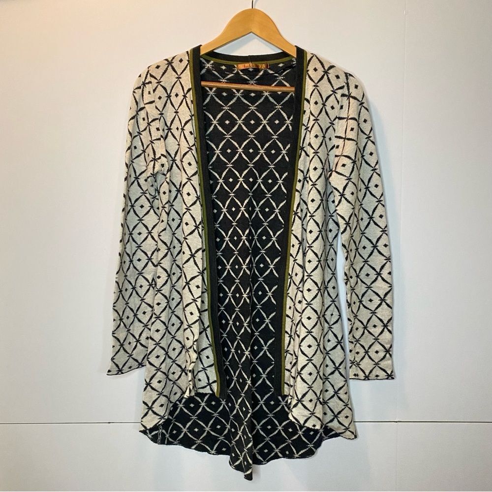 Belldini Abstract Black Cream Argyle Pattern Longline Openfront Cardigan Medium